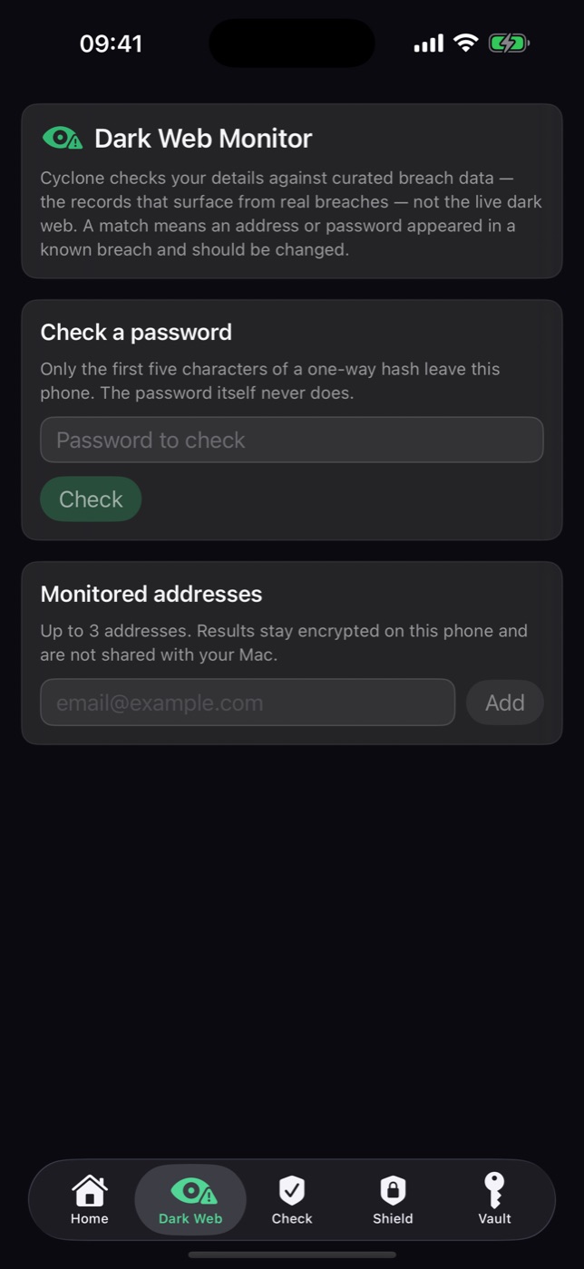 Cyclone for iPhone — Dark Web Monitor