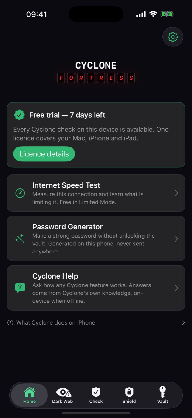 Cyclone for iPhone — the Home screen