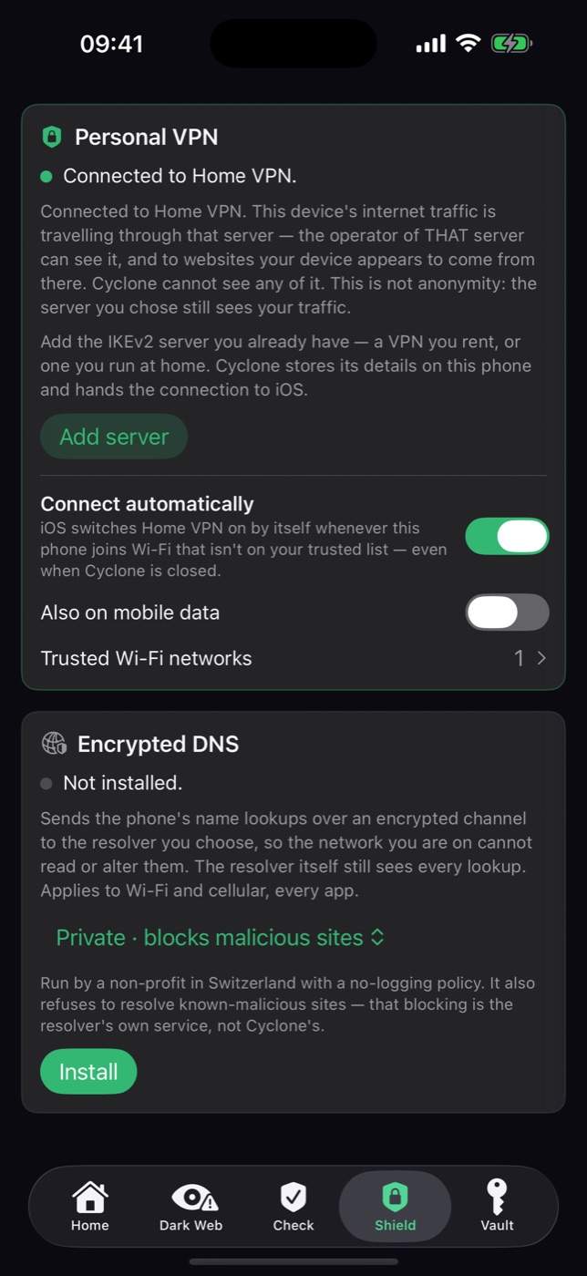 Cyclone for iPhone — Shield, your VPN and encrypted DNS